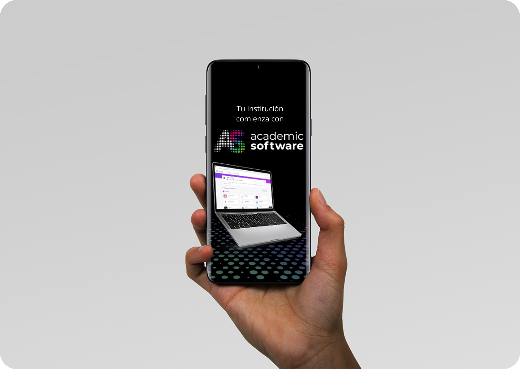 Mano que sostiene un smartphone con la plataforma de Academic Software